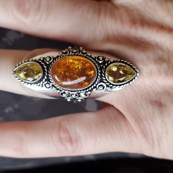 New Baltic Amber & Citrine 925 Silver Statement Ring. - Picture 9 of 16